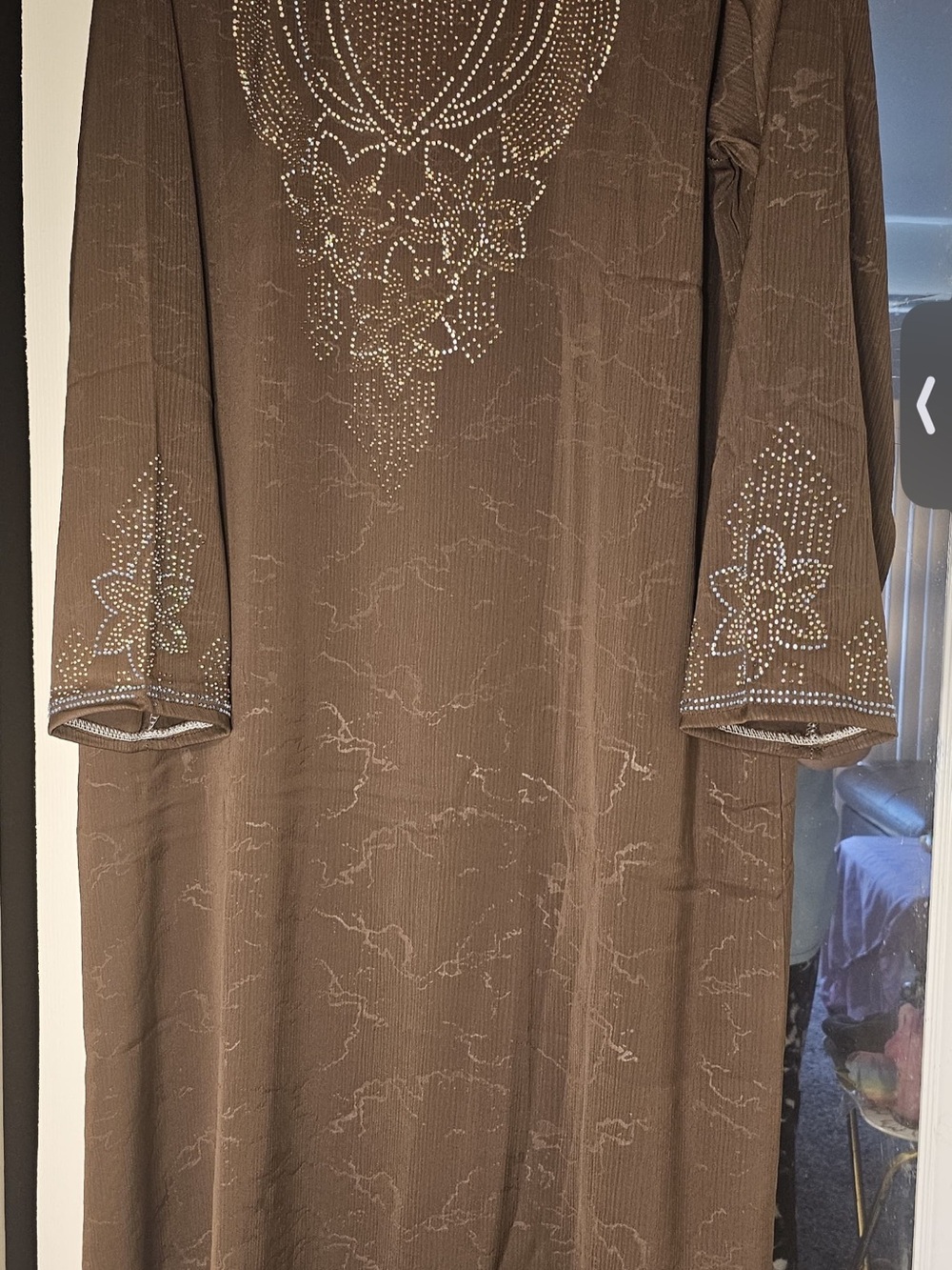 Embellished Long-Sleeve Brown Midi Dress